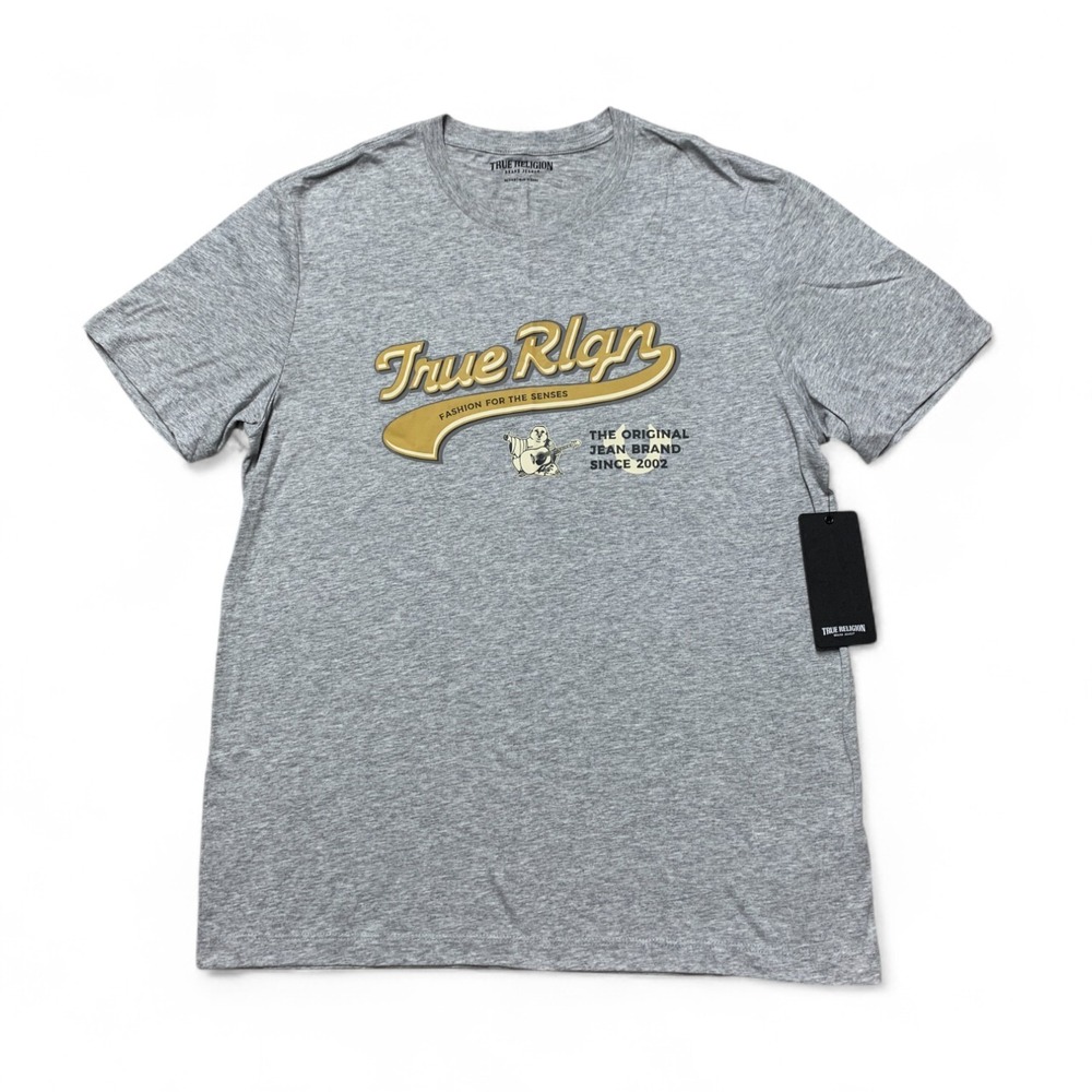 True Religion Buddha Logo Graphic T-Shirt Mens M Heather Gray Crew Old Skool NWT